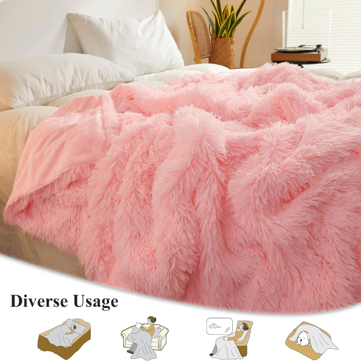 XeGe Luxury Faux Fur Blanket, Pink Soft Big Fluffy Throw, Shaggy Plush Decorative Cute Girls Furry