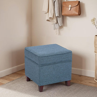 Adeco 17" Square Ottoman with Storage, Small Blue Storage Ottoman Foot Rest with Hinged Lid & Solid