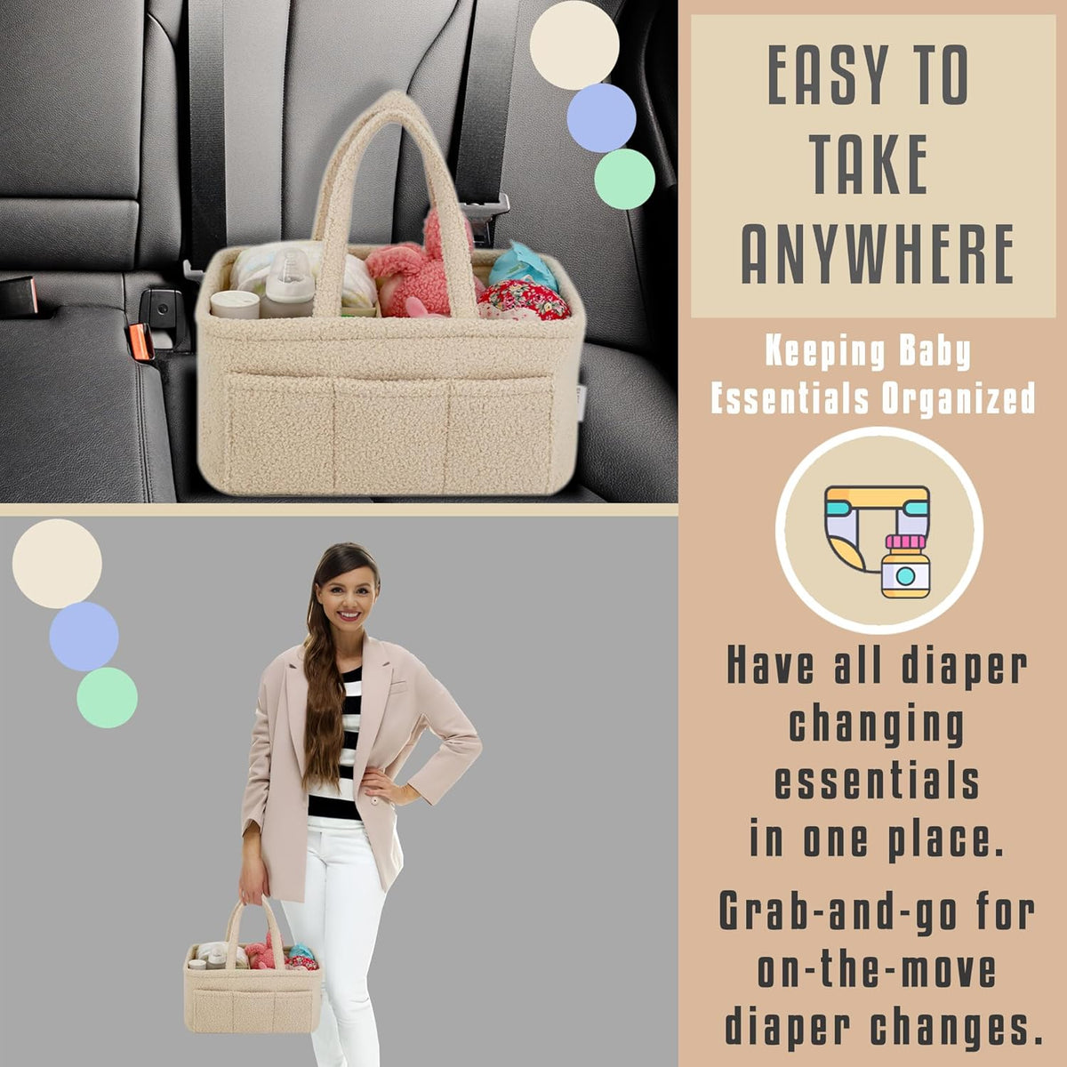 Baby Diaper Caddy Organizer – Soft Beige Sherpa with 3 Removable Compartments & 6 Side Pockets