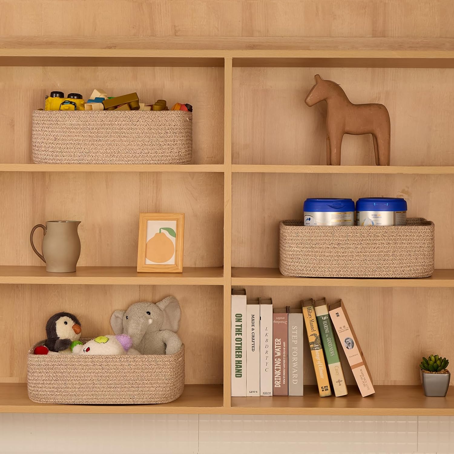 Large Shallow Organizing Baskets 15x11x5.1 Inches - Rope Woven Storage Bins for Bathroom, Shelves