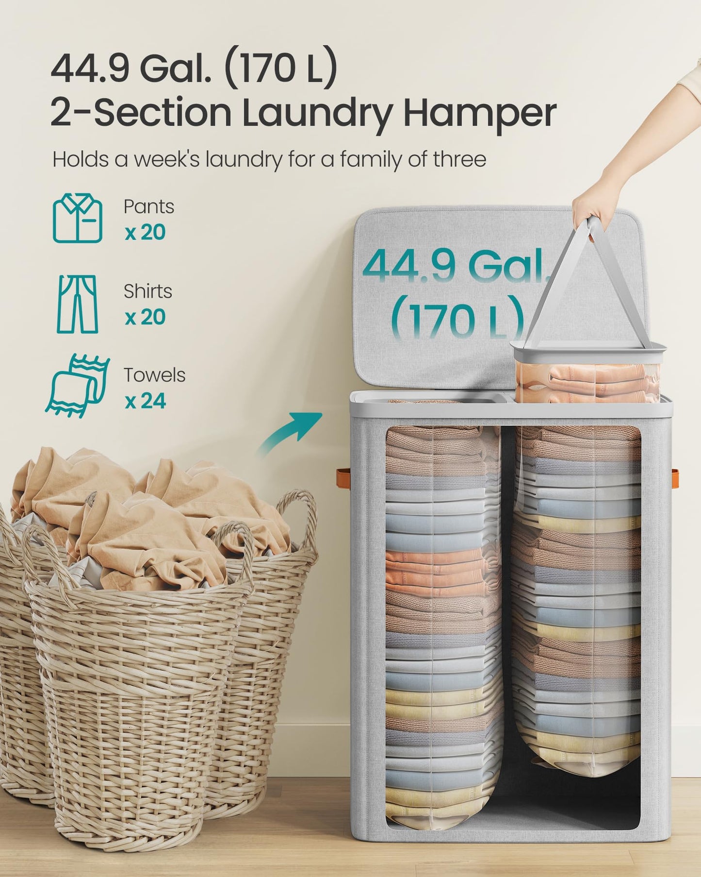 SONGMICS Laundry Basket, 44.9 Gal. Laundry Hamper, 2 Compartments, Easy Assembly, with Lid and