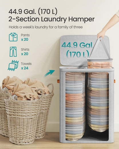 SONGMICS Laundry Basket, 44.9 Gal. Laundry Hamper, 2 Compartments, Easy Assembly, with Lid and
