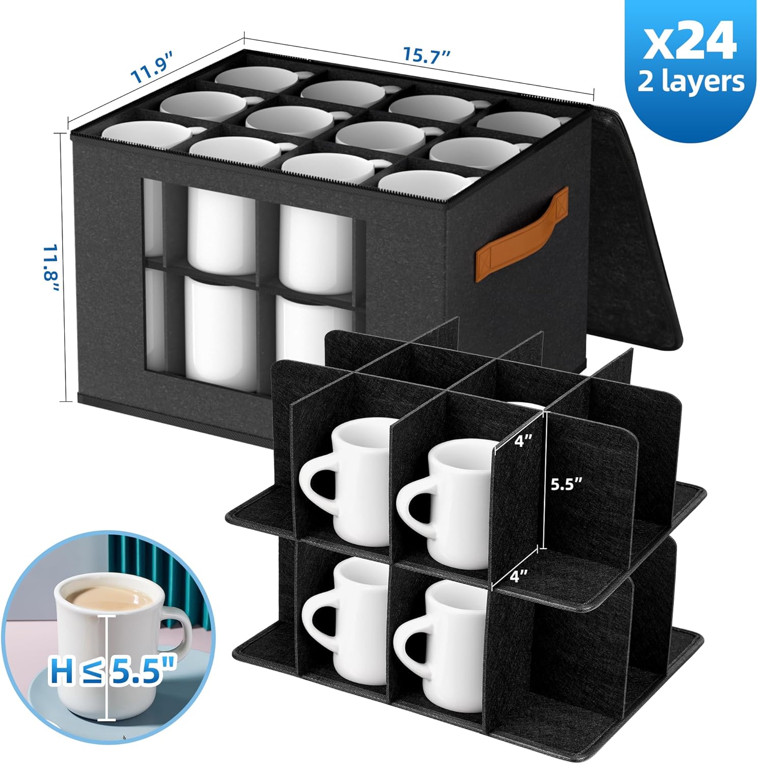 2-Layer Coffee Mug Storage Box with Dividers, Coffee Cup Storage Organizer with Zipper Lid and