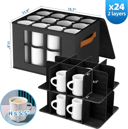 2-Layer Coffee Mug Storage Box with Dividers, Coffee Cup Storage Organizer with Zipper Lid and