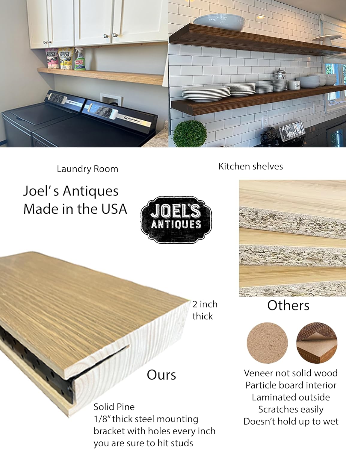 joelsantiques 72 Inch Wooden Floating Shelves for Wall - 72x12x2 in - Made of Natural Wood - Long