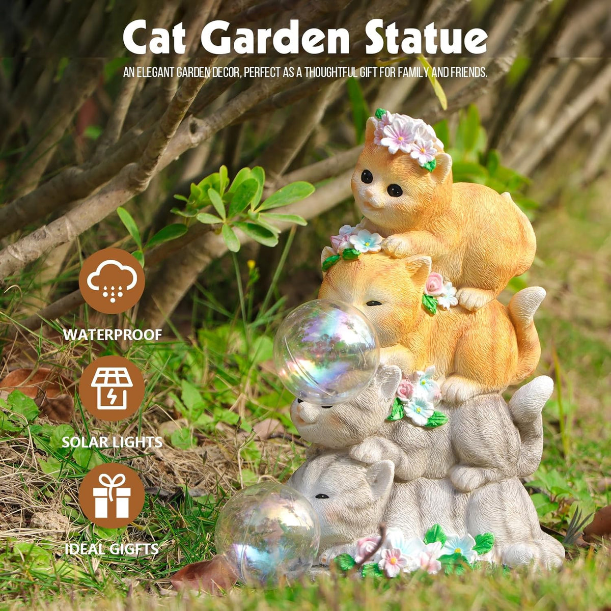 Solar Cat Garden Statue Resin Cat Statue Decor Outdoor with LED Lights for Outside Yard Art Lawn