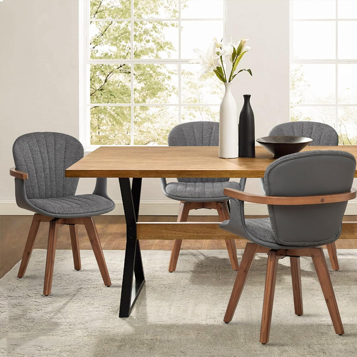 LUNLING Swivel Dining Chairs Set of 4, Mid Century Modern Gray Fabric+Faux Leather Kitchen Chairs