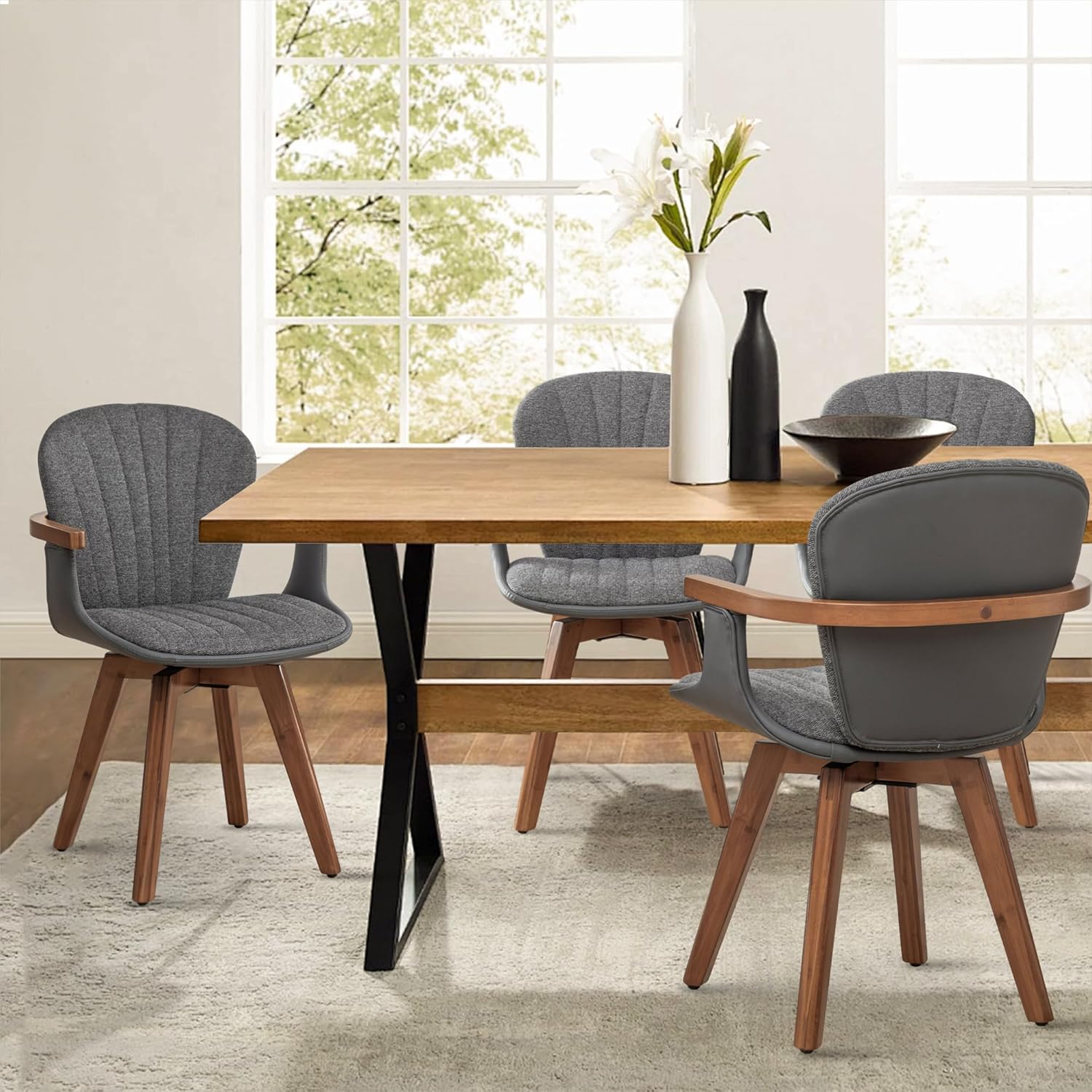 LUNLING Swivel Dining Chairs Set of 4, Mid Century Modern Gray Fabric+Faux Leather Kitchen Chairs