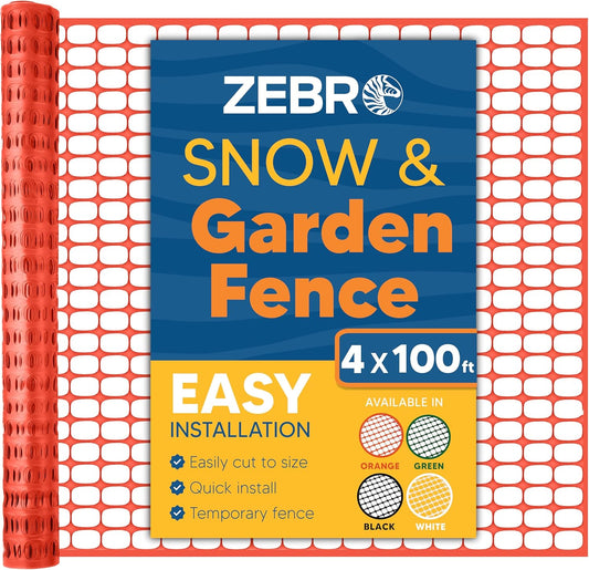 ZEBRO 4' x 100' Orange Plastic Garden Fence Roll – Standard Duty Safety Netting for Snow, Poultry