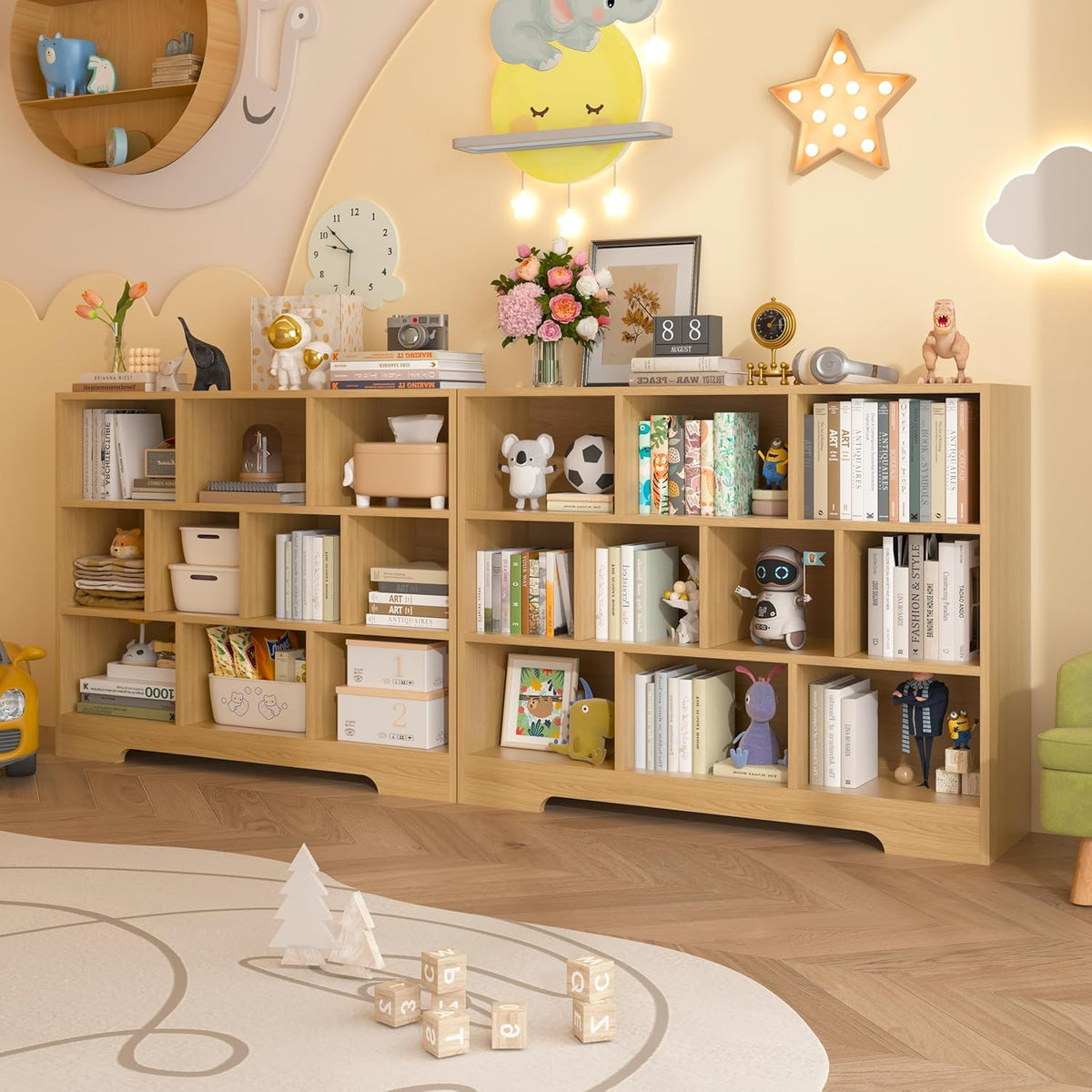 Book Shelf Set of 2, 10 Cubes Storage Organizer, 3-Tier Open Bookshelf Wooden Bookcase