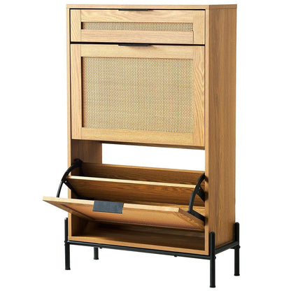 VEVOR Rattan Shoe Cabinet, Narrow Shoe Storage Organizer with 2 Flip Rattan Drawers & 1 Slide