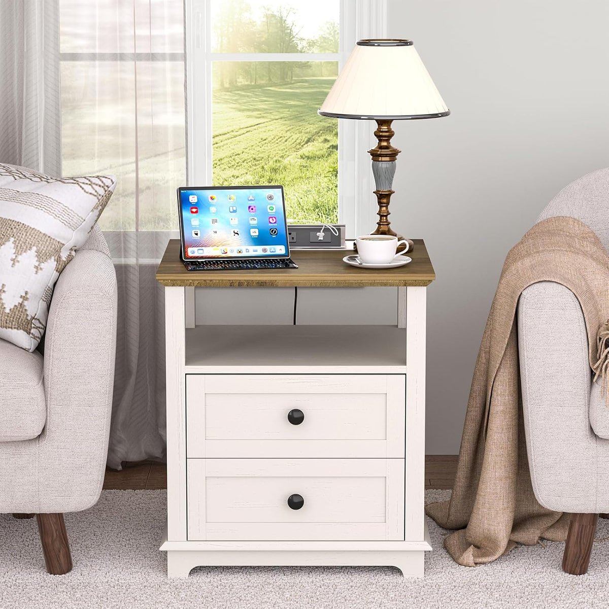 HIFYOBRO End Table with Flip Top Charging Station and 2 Drawers, Type-C & USB Port & Power outlets
