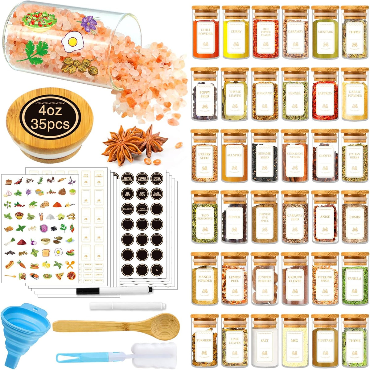 Spice Jars with Labels, 35 Pcs 4 oz Glass Spice Jars with Bamboo Lids, Minimalist Stackable