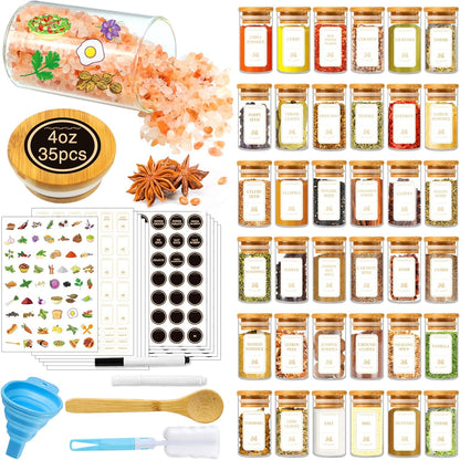 Spice Jars with Labels, 35 Pcs 4 oz Glass Spice Jars with Bamboo Lids, Minimalist Stackable