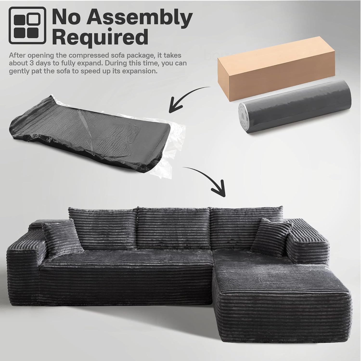 106" Cloud Sectional Couches for Living Room,Plush Corduroy Boneless Couch with Comfy Chaise,L