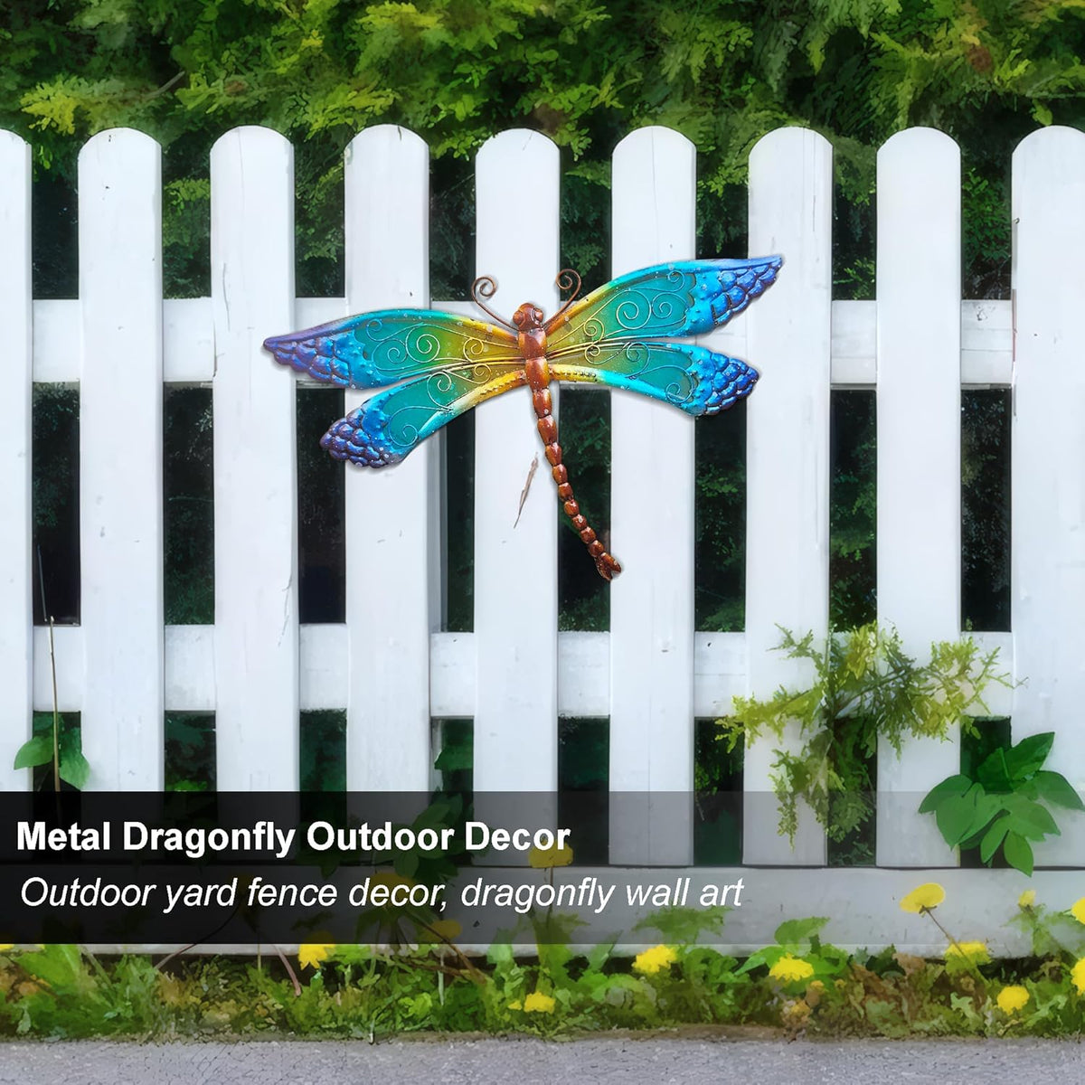 POXOHO Handmade Metal and Glass Dragonfly Wall Decor - Outdoor Garden Fence Art - 15 * 8.6 inches