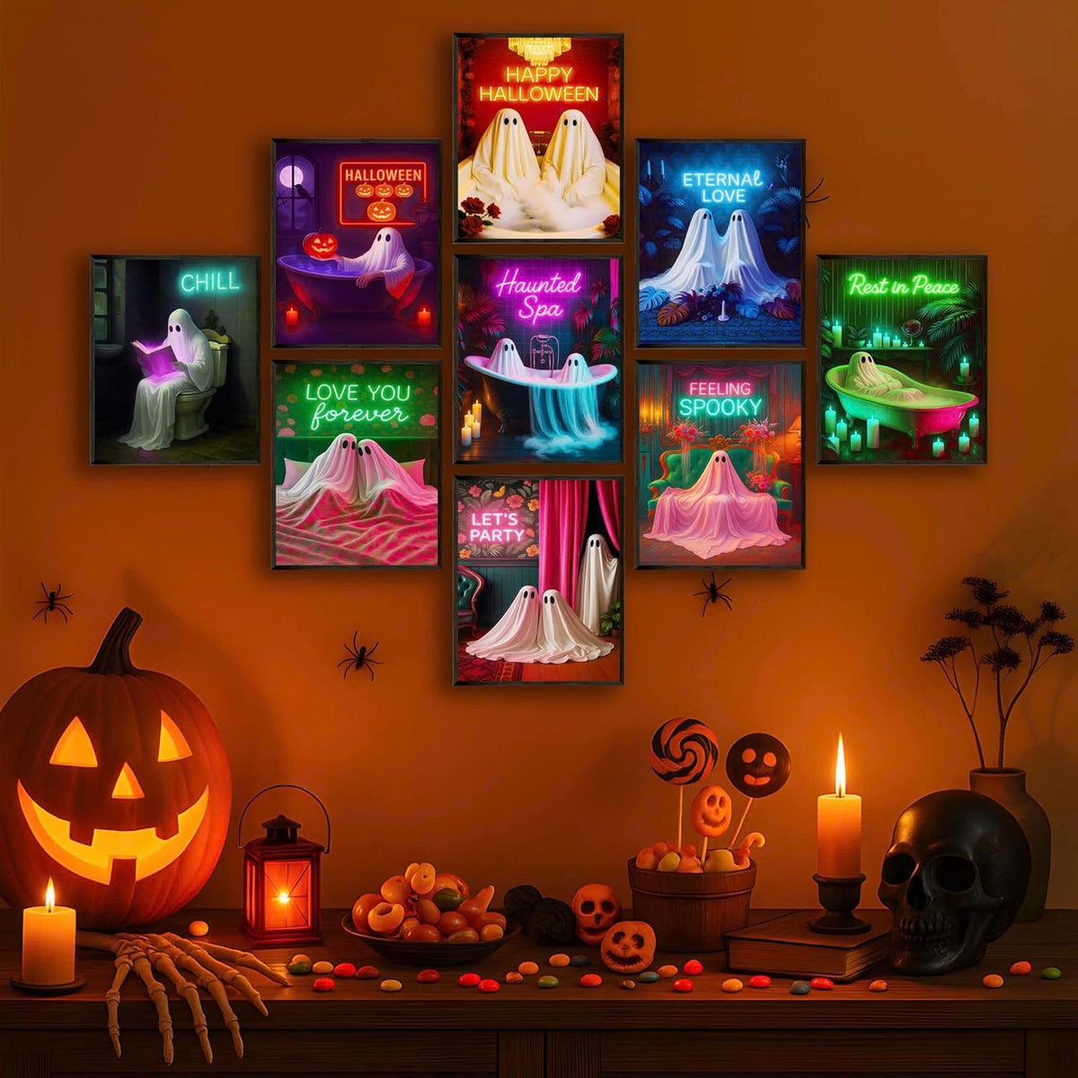 LANCHI95 Halloween Ghosts Wall Art Halloween Wall Art Gothic Romantic Couple Cute Ghost Wall Decor