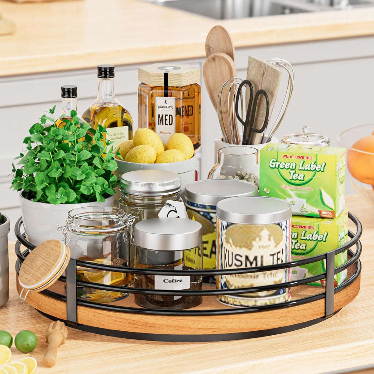 13" Lazy Susan Turntable Organizer - Wood Round Lazy Susan for Cabinet Kitchen Countertop Pantry