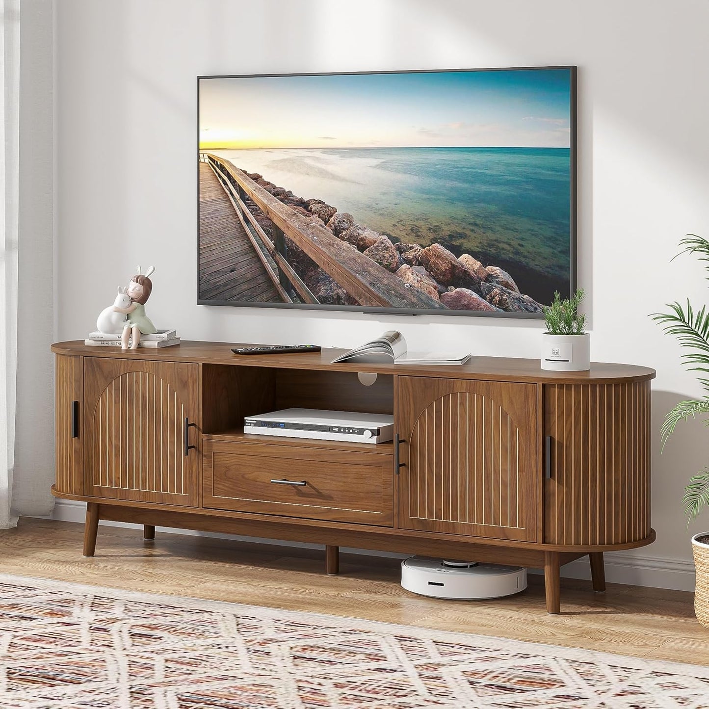 70" Fluted TV Stand for Tvs up to 80", Mid-Century Modern Entertainment Center with Drawers and