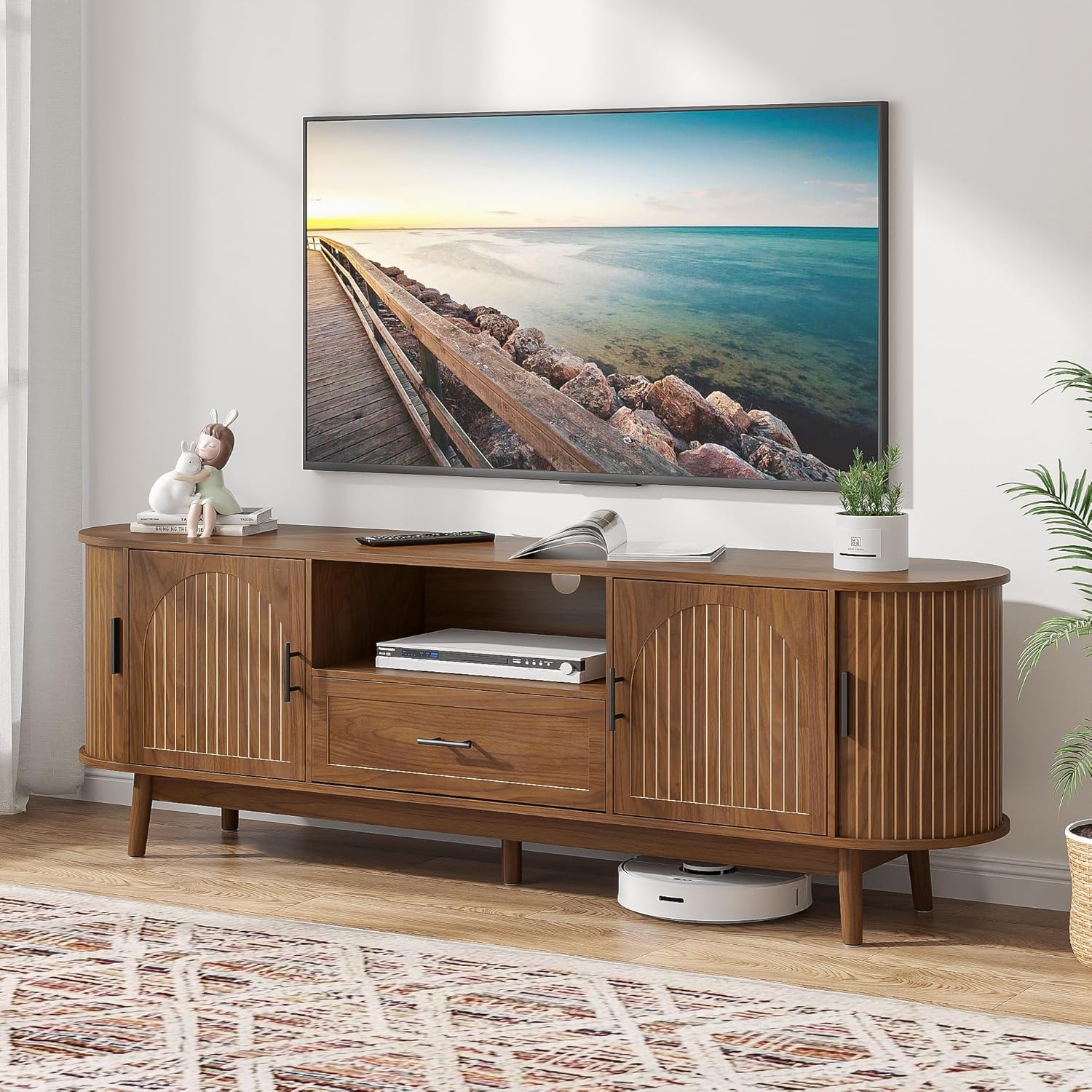 70" Fluted TV Stand for Tvs up to 80", Mid-Century Modern Entertainment Center with Drawers and
