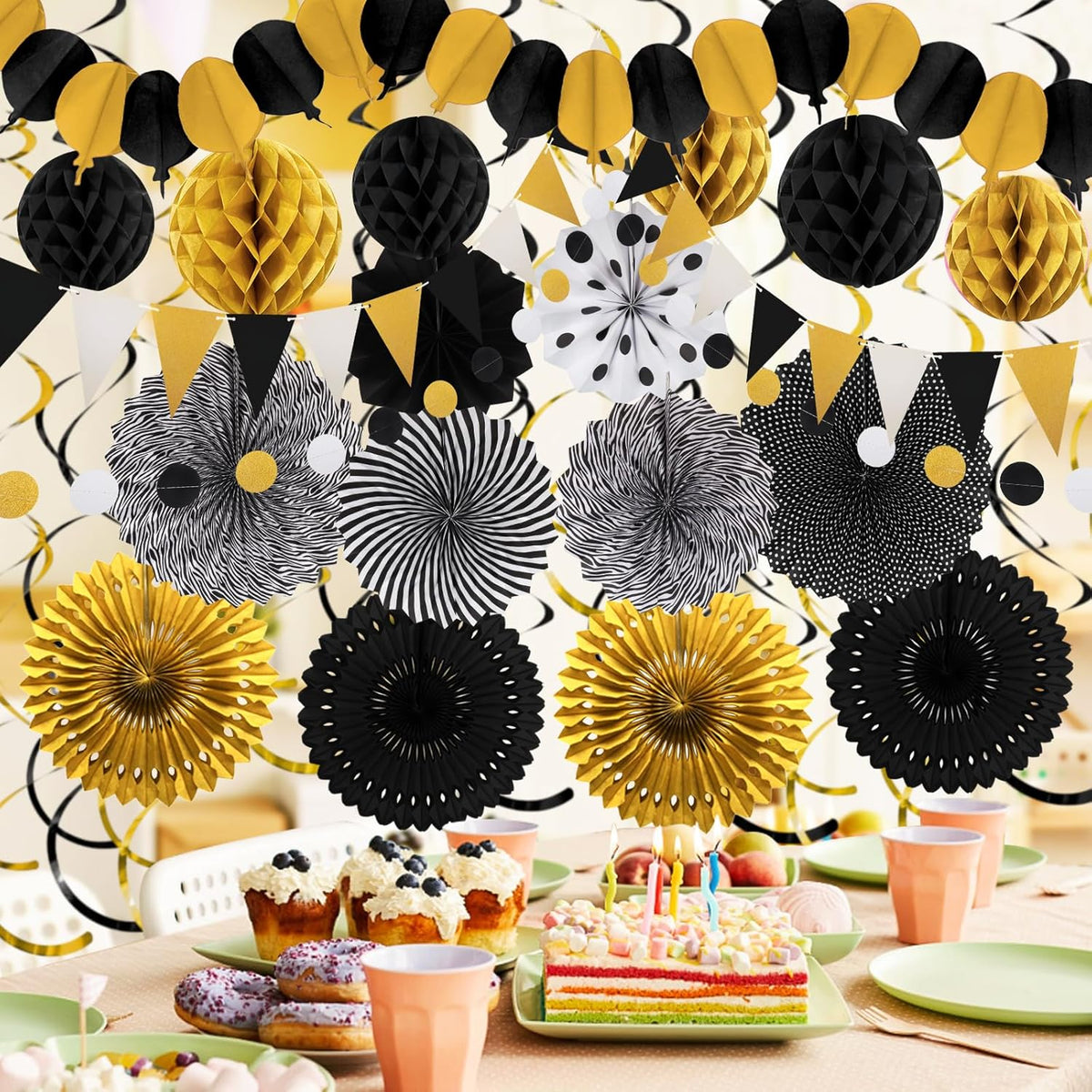 Black Gold Party Decorations, New Years Eve Party Supplies Easy Assembly Paper Fan Honeycomb Ball