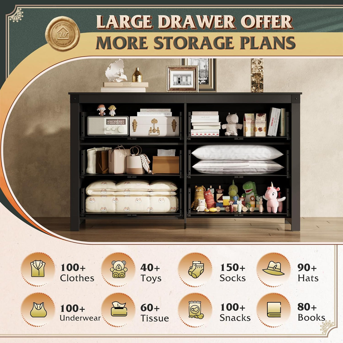 WLIVE Farmhouse Black Dresser for Bedroom, 53.07'' Wide 6 Drawer Wood Dresser, Chest of Drawers
