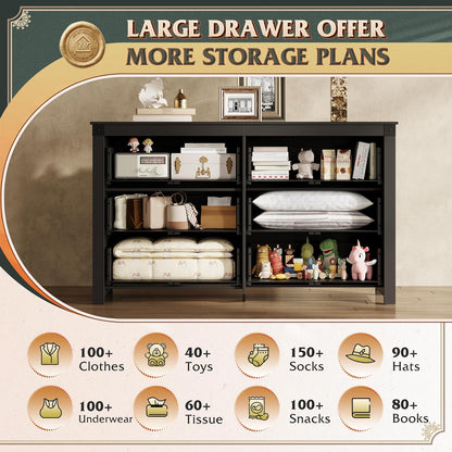 WLIVE Farmhouse Black Dresser for Bedroom, 53.07'' Wide 6 Drawer Wood Dresser, Chest of Drawers