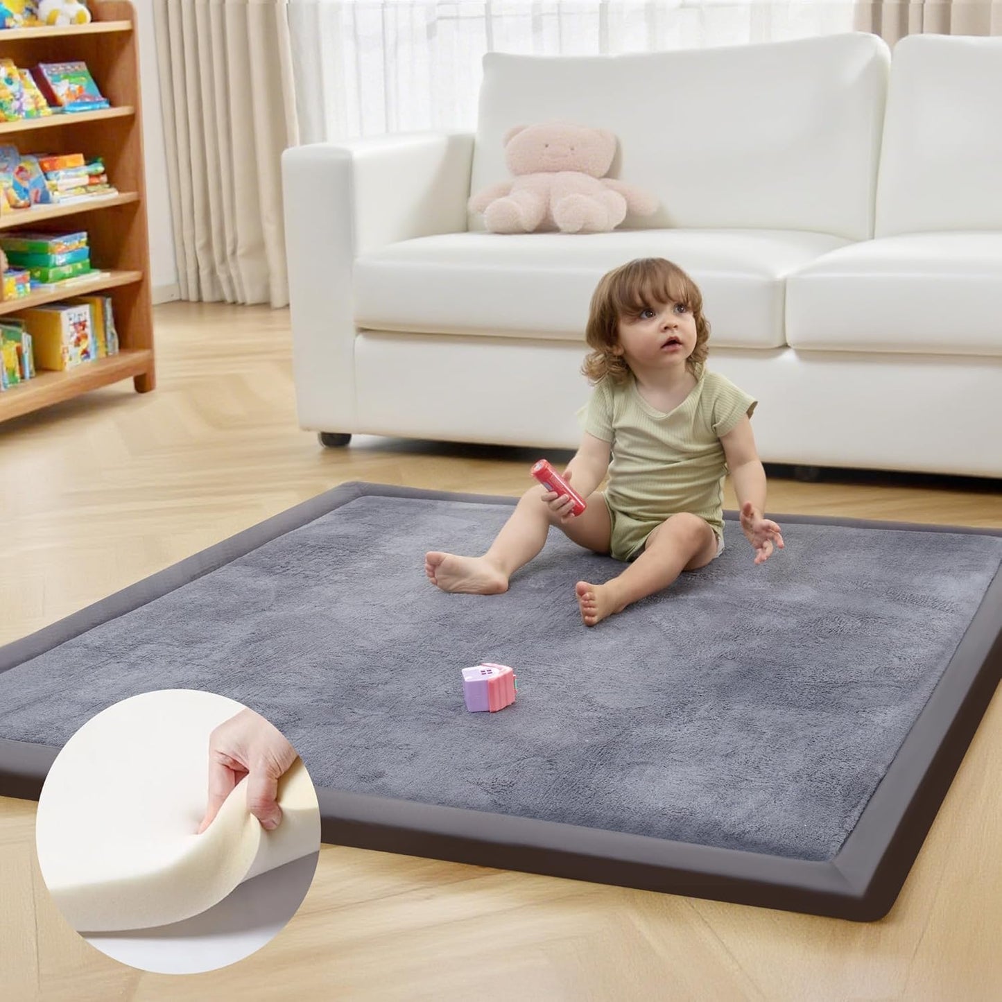 ACOMOPACK Baby Play Mat for Floor 1.3" Thick Memory Foam 50x50 Soft Velvet Playpen Mat for