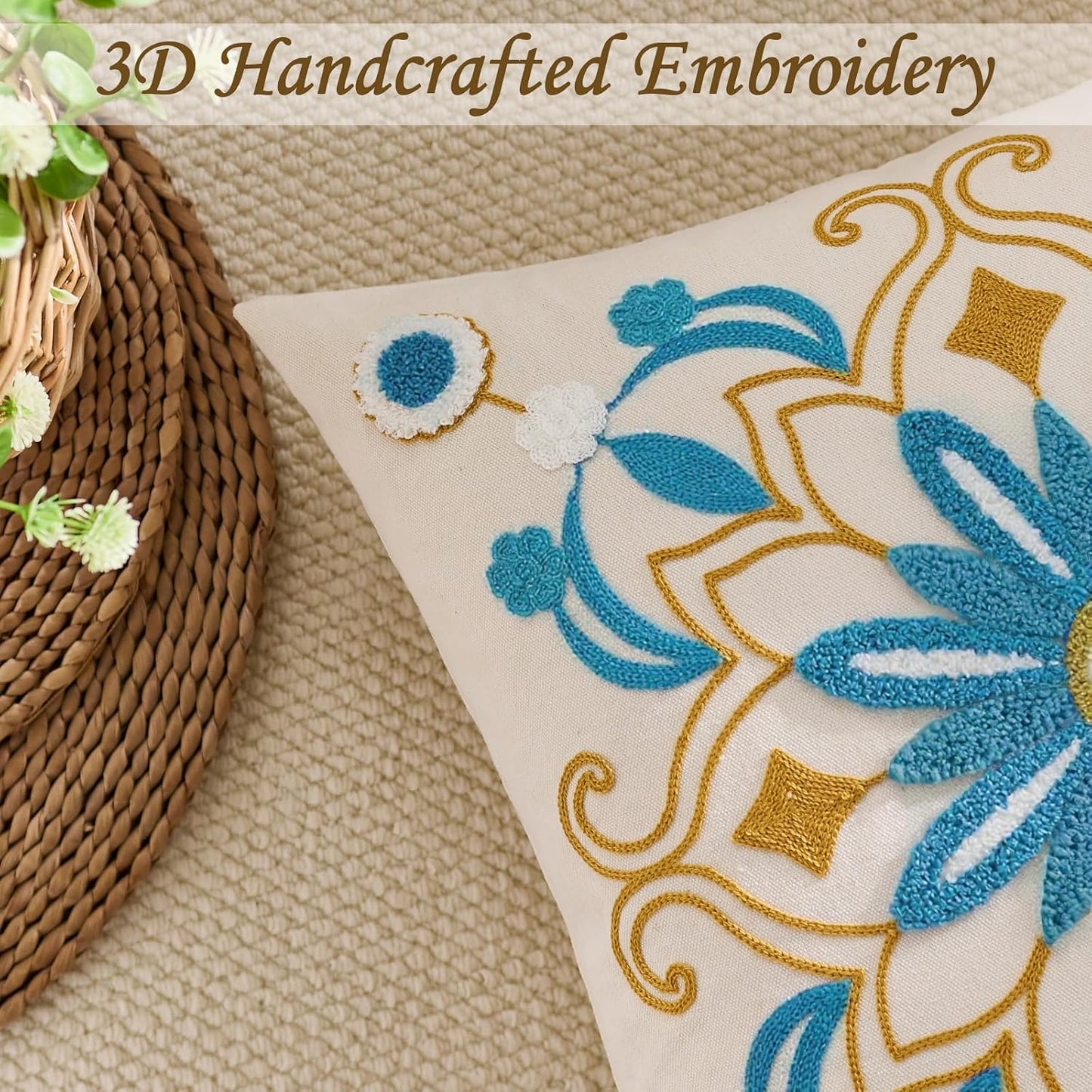 Embroidered Throw Pillow Cover 18x18 Classic Boho Floral Pattern Pillows Cover Outdoor Decorative