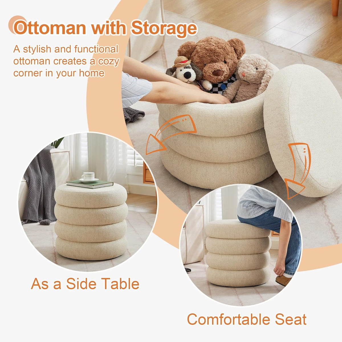 ONEVOG Round Storage Ottoman, 20" Small Ottomans Table with Removable Lid, Linen Fabric Soft