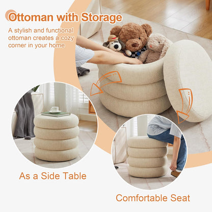 ONEVOG Round Storage Ottoman, 20" Small Ottomans Table with Removable Lid, Linen Fabric Soft