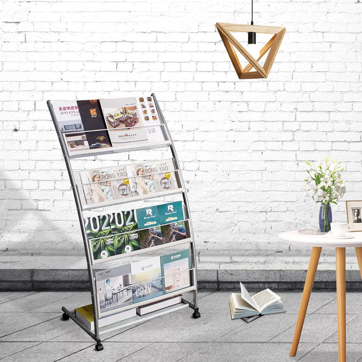 Brochure Display Stand, Floor-Standing Magazine Rack with 4 Pockets, Information Rack With casters
