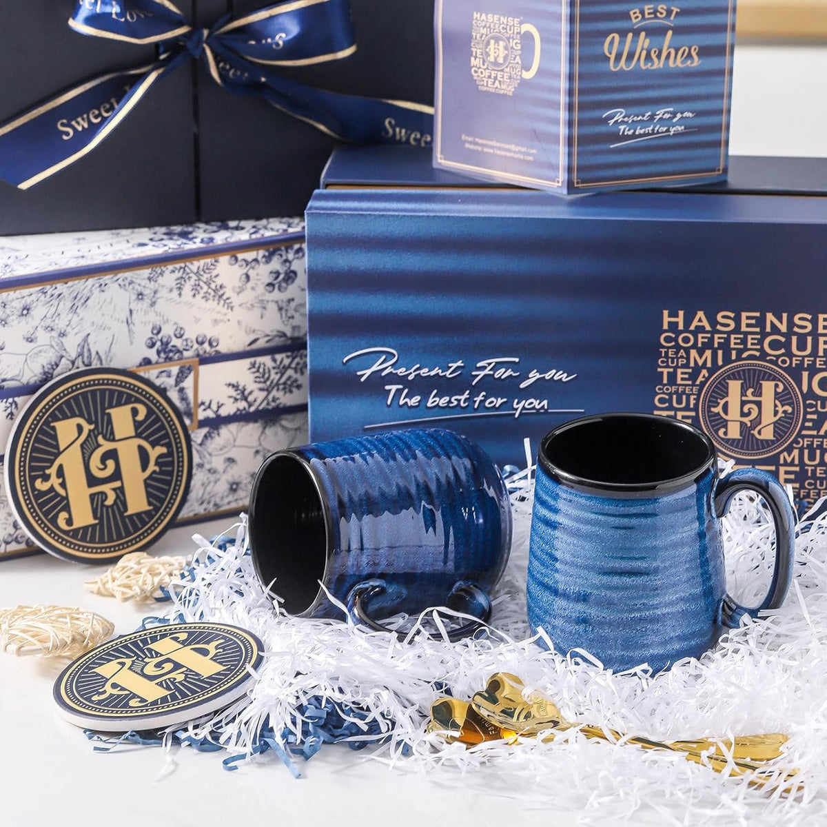 Hasense Coffee Mugs Set of 2, 12oz Ceramic Glazed Mugs with Handles, Blue Reactive Glazes Tea Cups