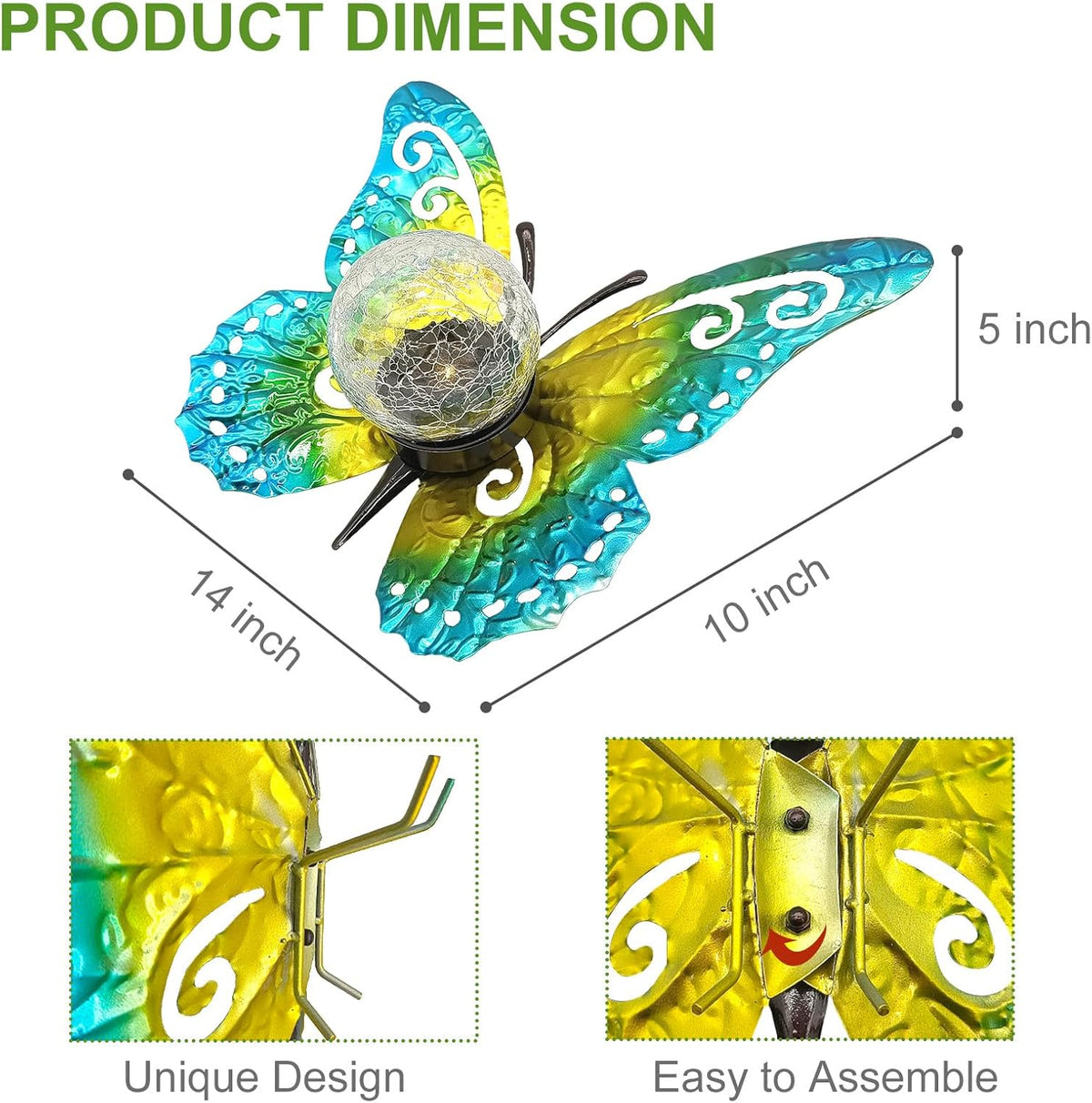 Solar Lights Outdoor Garden Butterfly Decor, Metal Butterfly Statue Decoration with LED Crackle