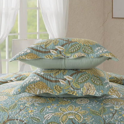 NEWLAKE Cotton Bedspread Quilt Sets-Reversible Patchwork Coverlet Set, Green Floral Pattern, Queen