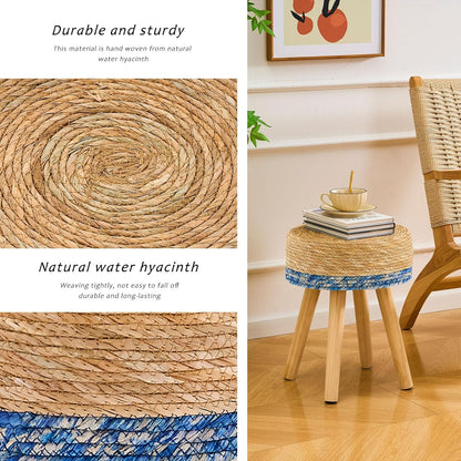 Handwoven Outdoor Ottoman, Water Hyacinth Pouf Round Patio Footstool with Wood Legs, 17-Inch