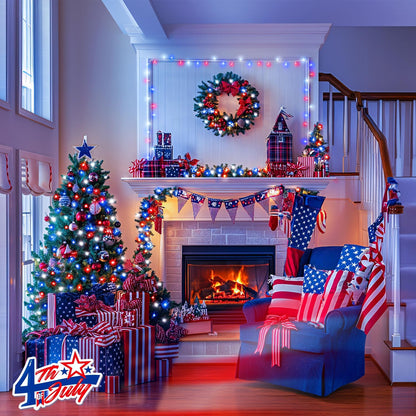 JMEXSUSS 2 Pack Red White and Blue Lights Outdoor, 33ft 100 LED 4th of July Lights Battery
