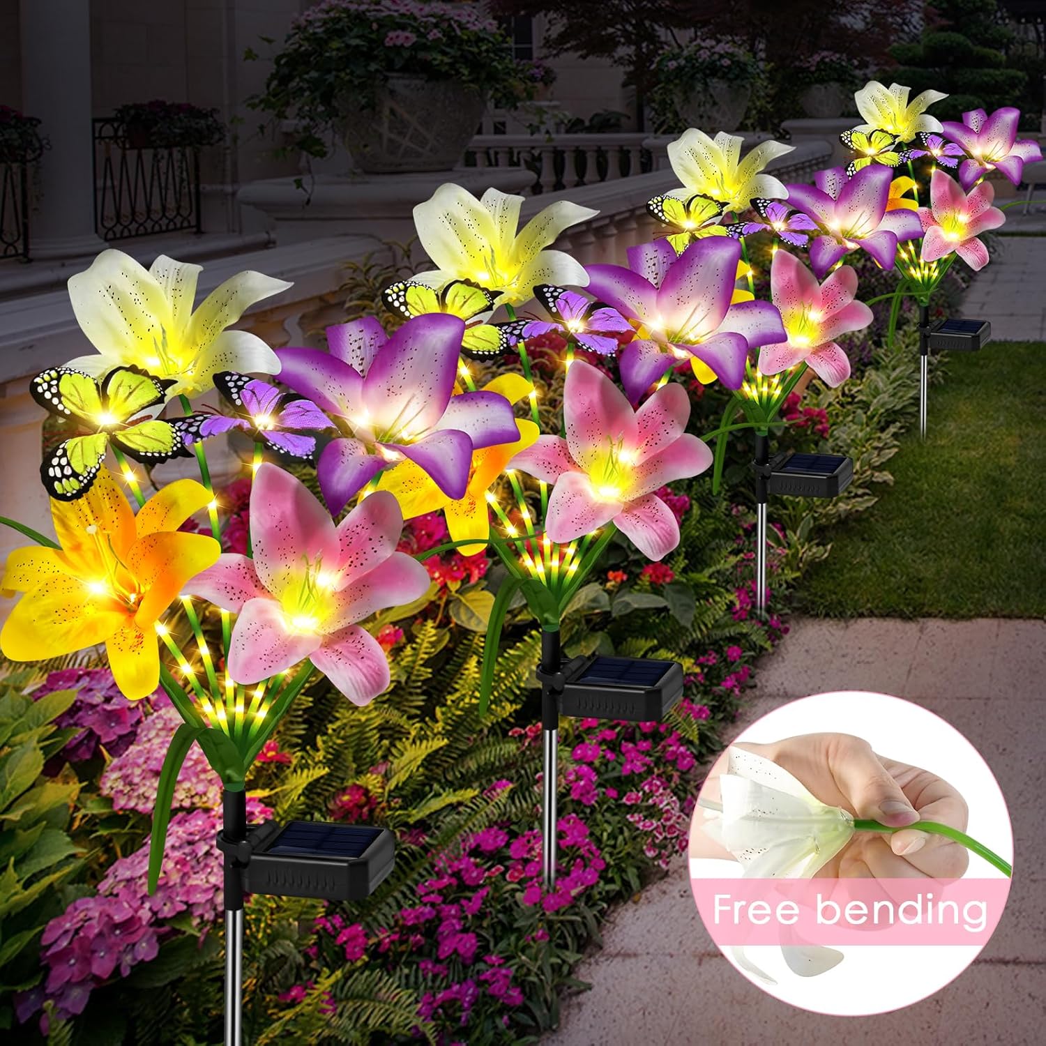 Solar Garden Lights Outdoor, 4 Pack Flower Lights for Outside, 16 Solar Lilies with Butterflies