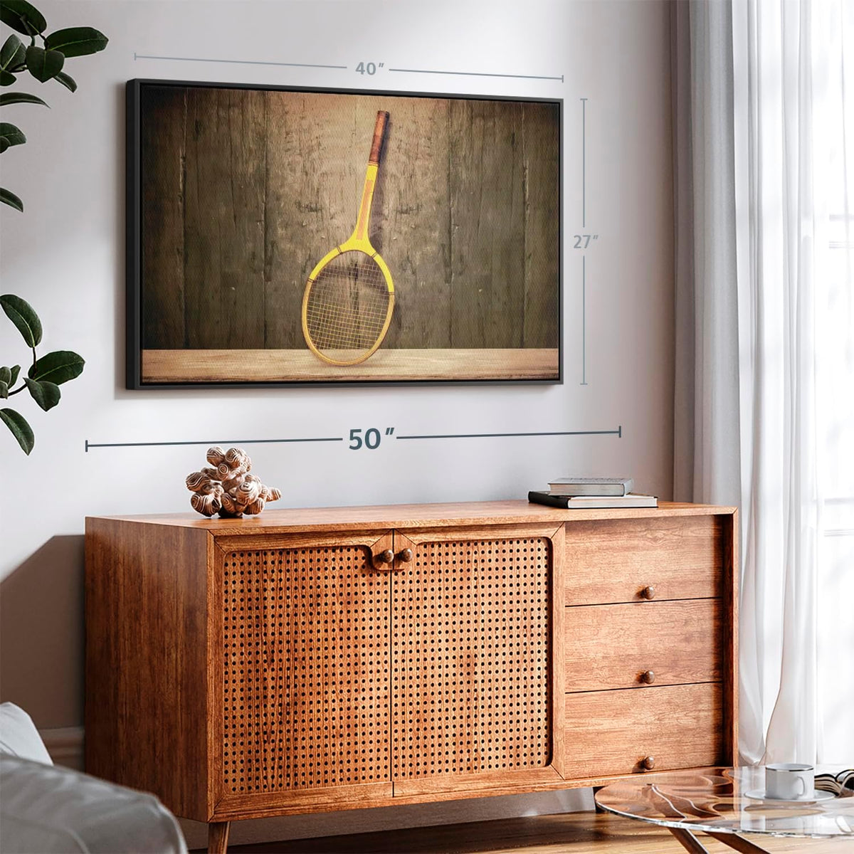 ElephantStock Vintage Tennis Racket Wall Art - Horizontal Framed Canvas - 1-Piece Living Room Wall