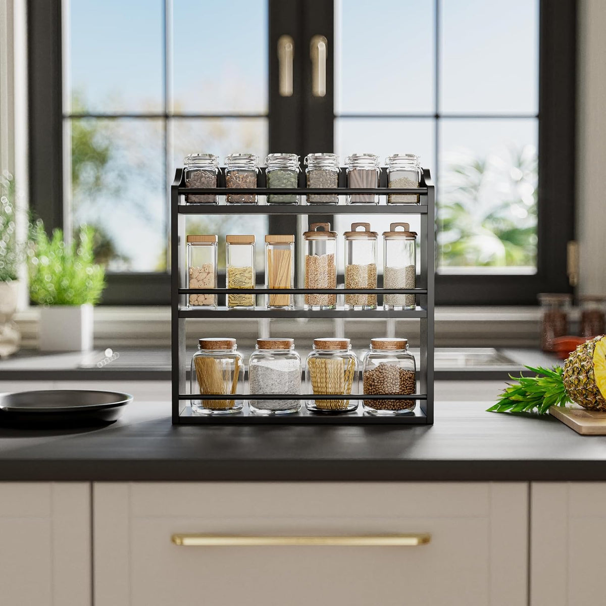 Bamboo Spice Rack Wall Mount or Tabletop Holder, 3-Tier Shelf for Seasoning Bottles Organizer