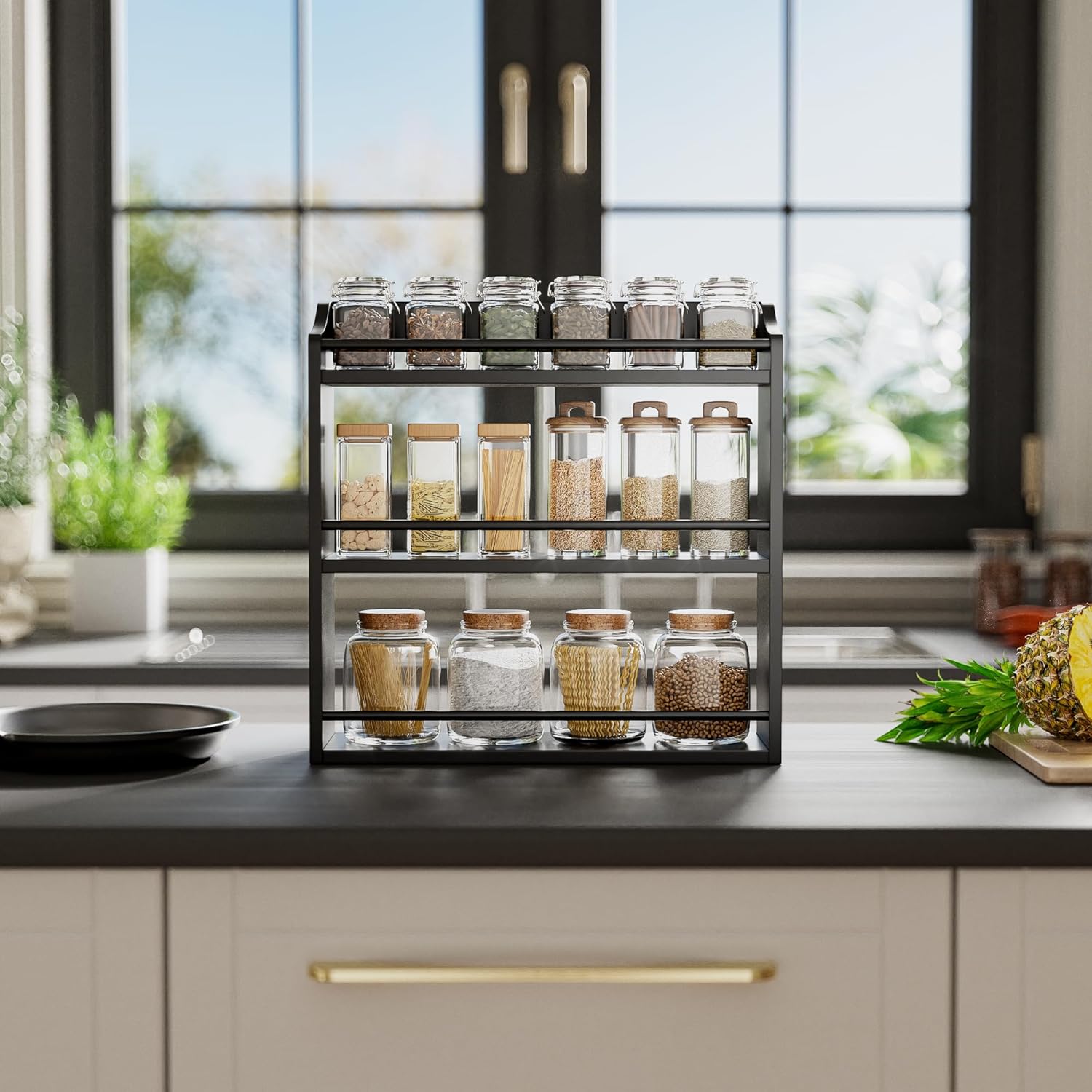 Bamboo Spice Rack Wall Mount or Tabletop Holder, 3-Tier Shelf for Seasoning Bottles Organizer