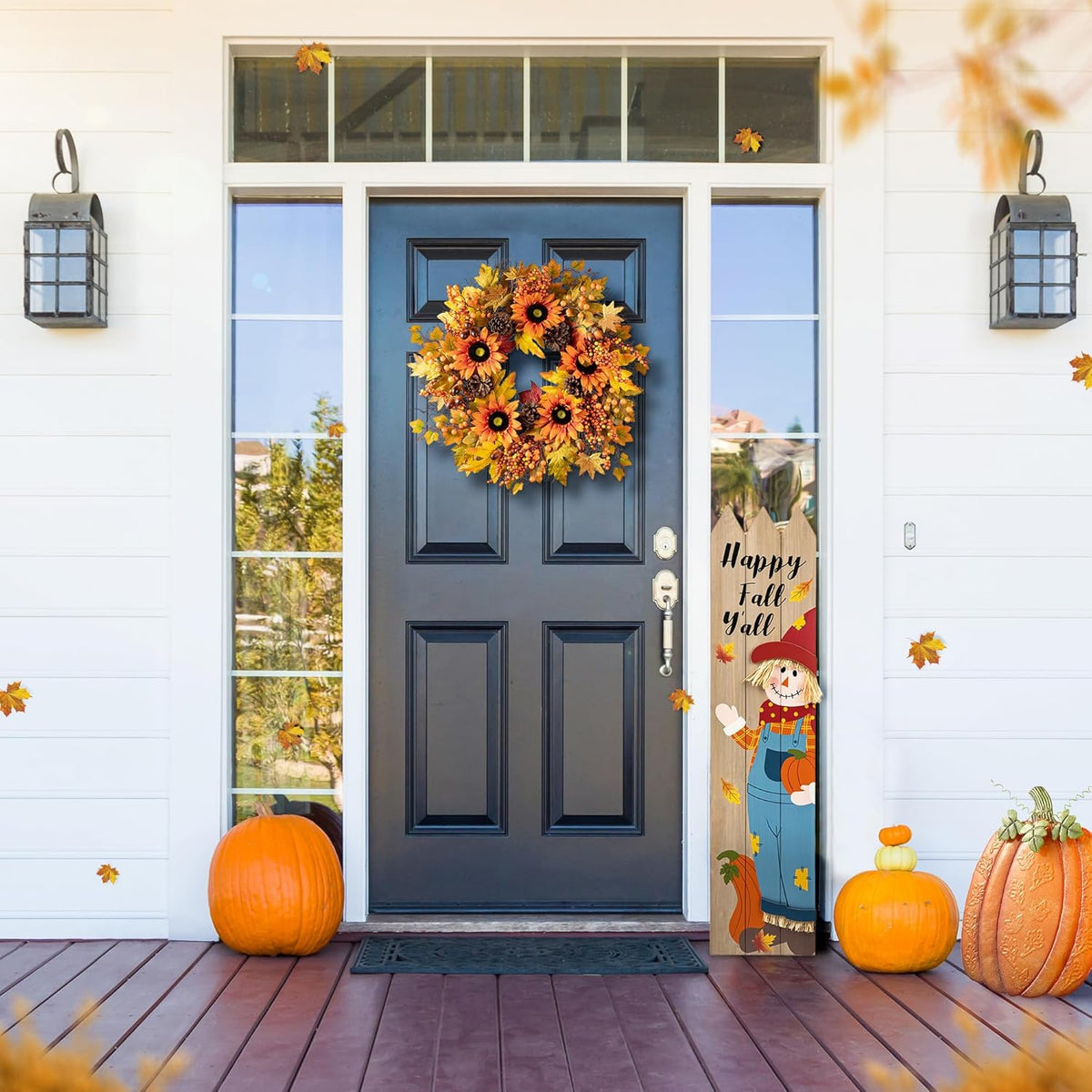 Glitzhome 24'' Fall Wreath for Front Door Decor, Artificial Autumn Orange Wreath with Sunflower