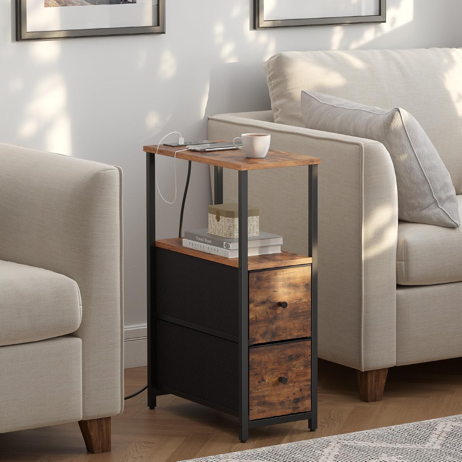 TUTOTAK Small Narrow End Table with Charging Station, Side Table with Outlets, Nightstand with 2