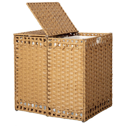 130L Foldable Laundry Hamper with Lid - Handwoven Rattan Storage Basket, 2-Section Clothes Hamper