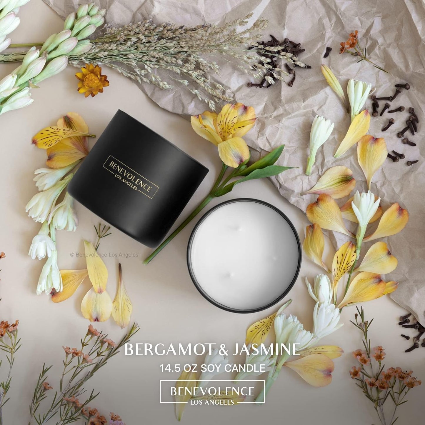 Benevolence LA 3 Wick Candle, Bergamot & Jasmine Large Scented Candle | Soy Candles | Gifts for