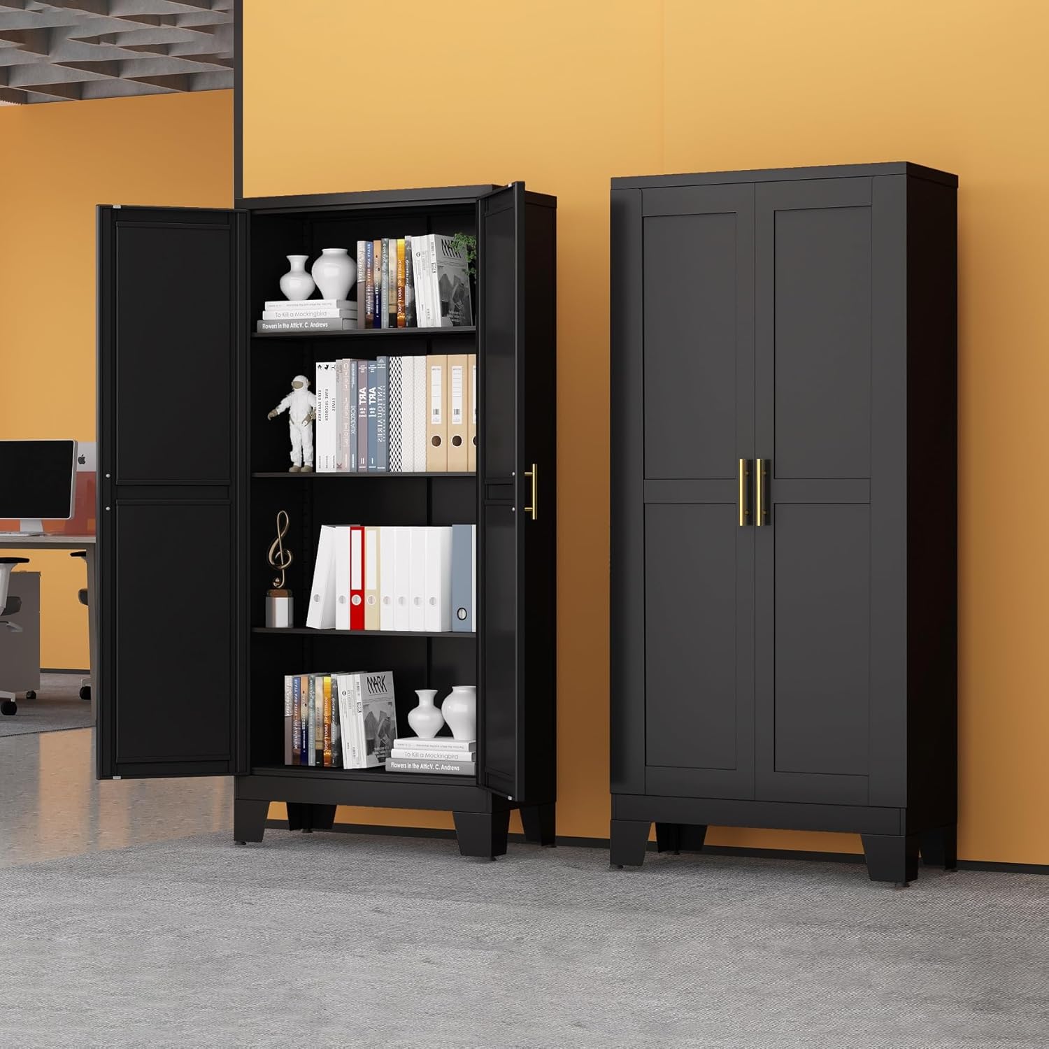 Black Metal Storage Cabinet, 61" Steel Cabinets for Home Office, Kitchen Pantry Storage Cabinet
