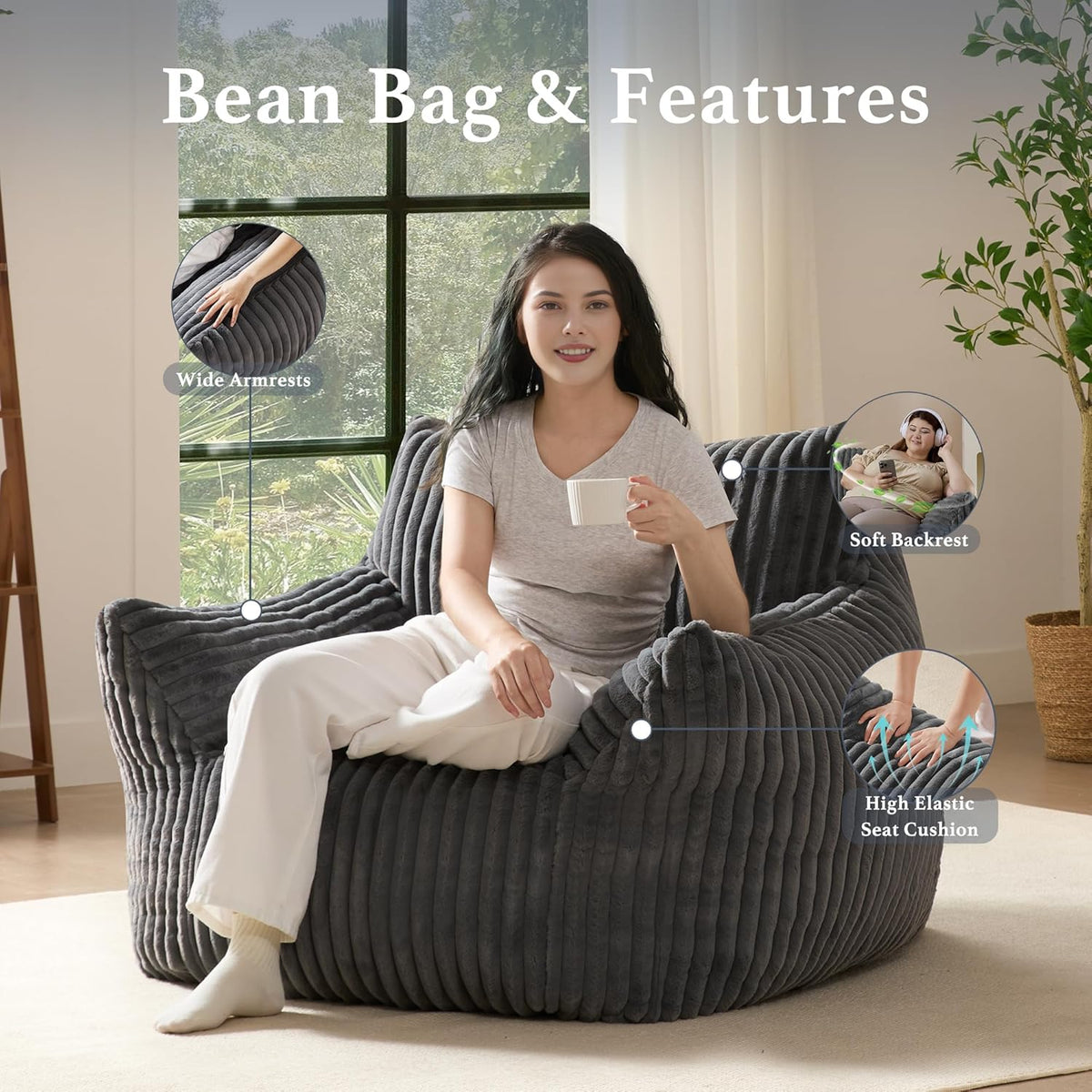 Giant Plush Bean Bag Chair for Adults with Armrests - Oversized Comfy Grey Beanbag Lounge Lazy