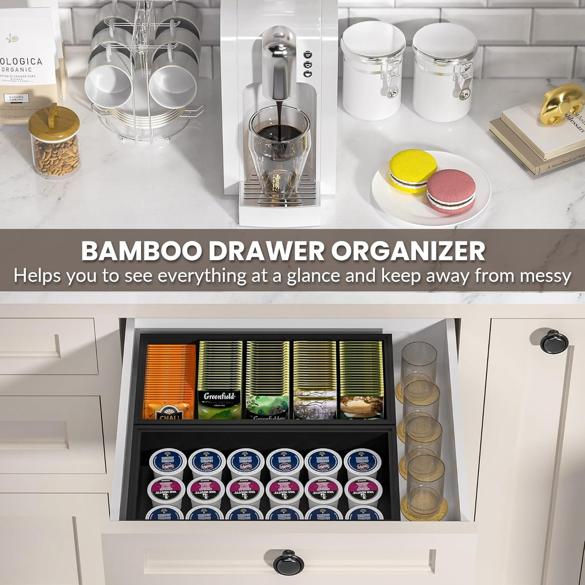 Kitchen Drawer Organizer Bins, Stackable Bamboo Drawer Organizer for Silverware, Coffee Pod