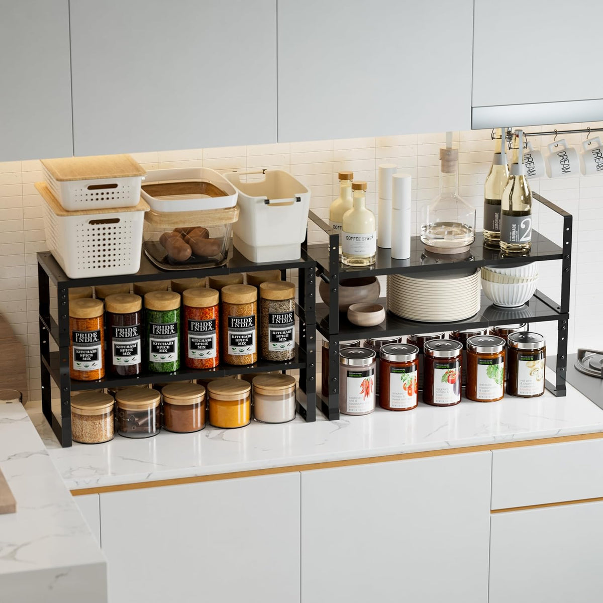 Expandable,Stackable Spice Rack,Seasoning Organizer and Storage,Spices Jar Racks for