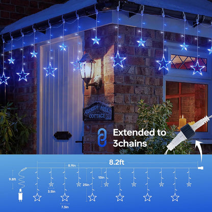 126L Blue White Christmas Star Icicle Lights, 8.2FT Clear Curtain Fairy String with Connectable